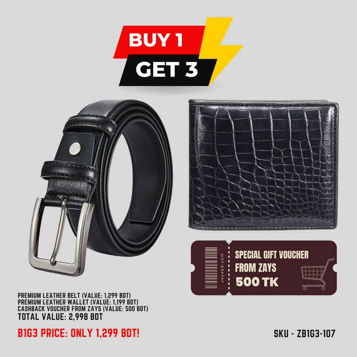 Zays B1G3 Offer: Buy Premium Leather Belt & Get Free Wallet + 500 BDT Gift Voucher | Limited Time Deal in Bangladesh