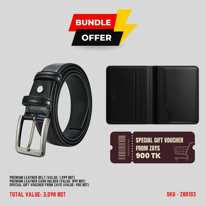 Zays Special Bundle Offer: Premium Leather Belt, Card Holder Mini Wallet & Exclusive 900 TK Gift Voucher & Free Delivery