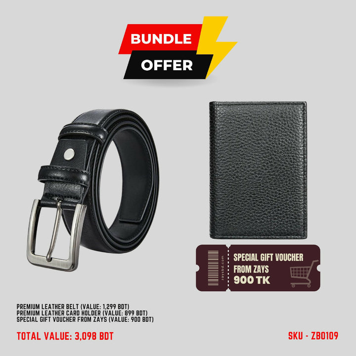 Zays Special Bundle Offer: Premium Leather Belt, Card Holder Mini Wallet & Exclusive 900 TK Gift Voucher & Free Delivery