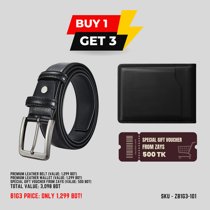 Zays B1G3 Offer: Buy Premium Leather Belt & Get Free Wallet + 500 BDT Gift Voucher | Limited Time Deal in Bangladesh