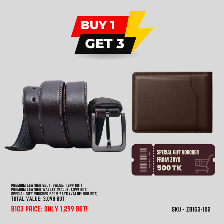 Zays B1G3 Offer: Buy Premium Leather Belt & Get Free Wallet + 500 BDT Gift Voucher | Limited Time Deal in Bangladesh