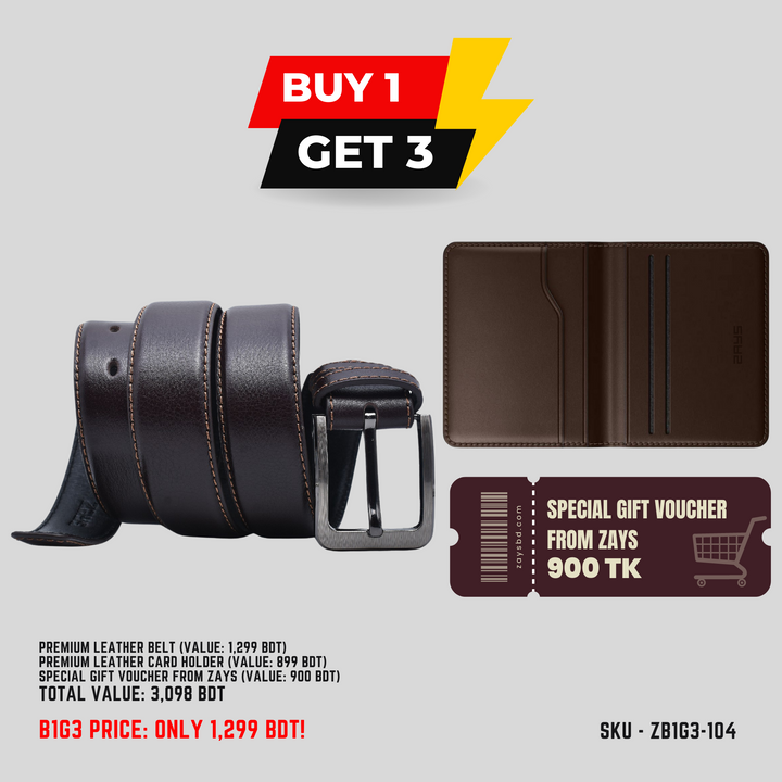 ZAYS B1G3 Offer: Buy Premium Leather Belt & Get Free Card Holder + 900 BDT Gift Voucher | Limited Time in Bangladesh