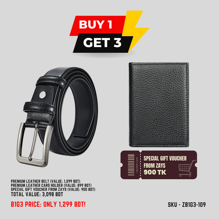 ZAYS B1G3 Offer: Buy Premium Leather Belt & Get Free Card Holder + 900 BDT Gift Voucher | Limited Time in Bangladesh