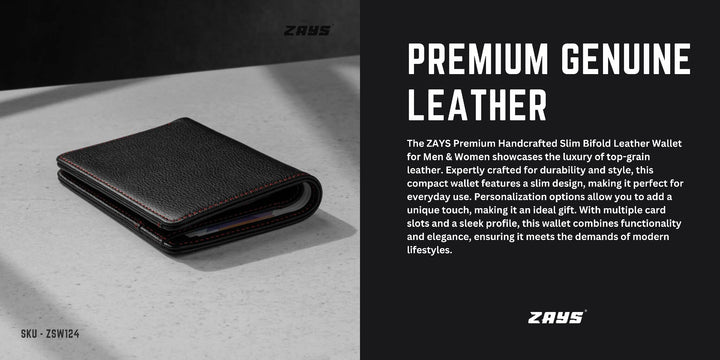 ZAYS Premium Handcrafted Slim Bifold Leather Short Wallet for Men & Women - Personalized Top-Grain Leather Wallet - Compact, Durable & Stylish