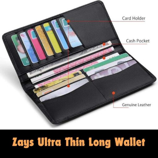 Zays Ultra-Thin Genuine Leather Long Wallet Slim, Durable with Multiple Pockets (ZLW101-Black) - Image 2