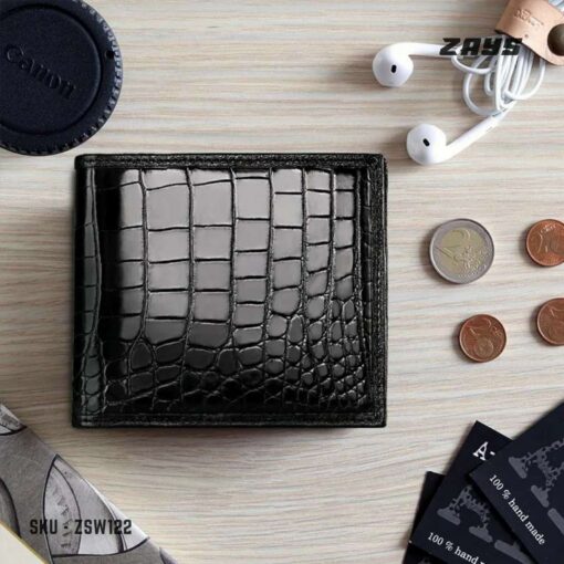 Zays Handcrafted Crocodile Embossed Premium Leather Bifold Short Wallet (SW122-Black) - Image 4